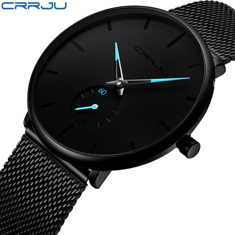 Crrju Men Casual Slim Mesh Steel Waterproof Sport Watch