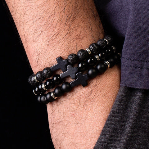 Black Nature Lava Stone Bead Cross Charm Bracelets For Men