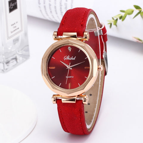 Women Leather Casual Quartz Crystal Wristwatch